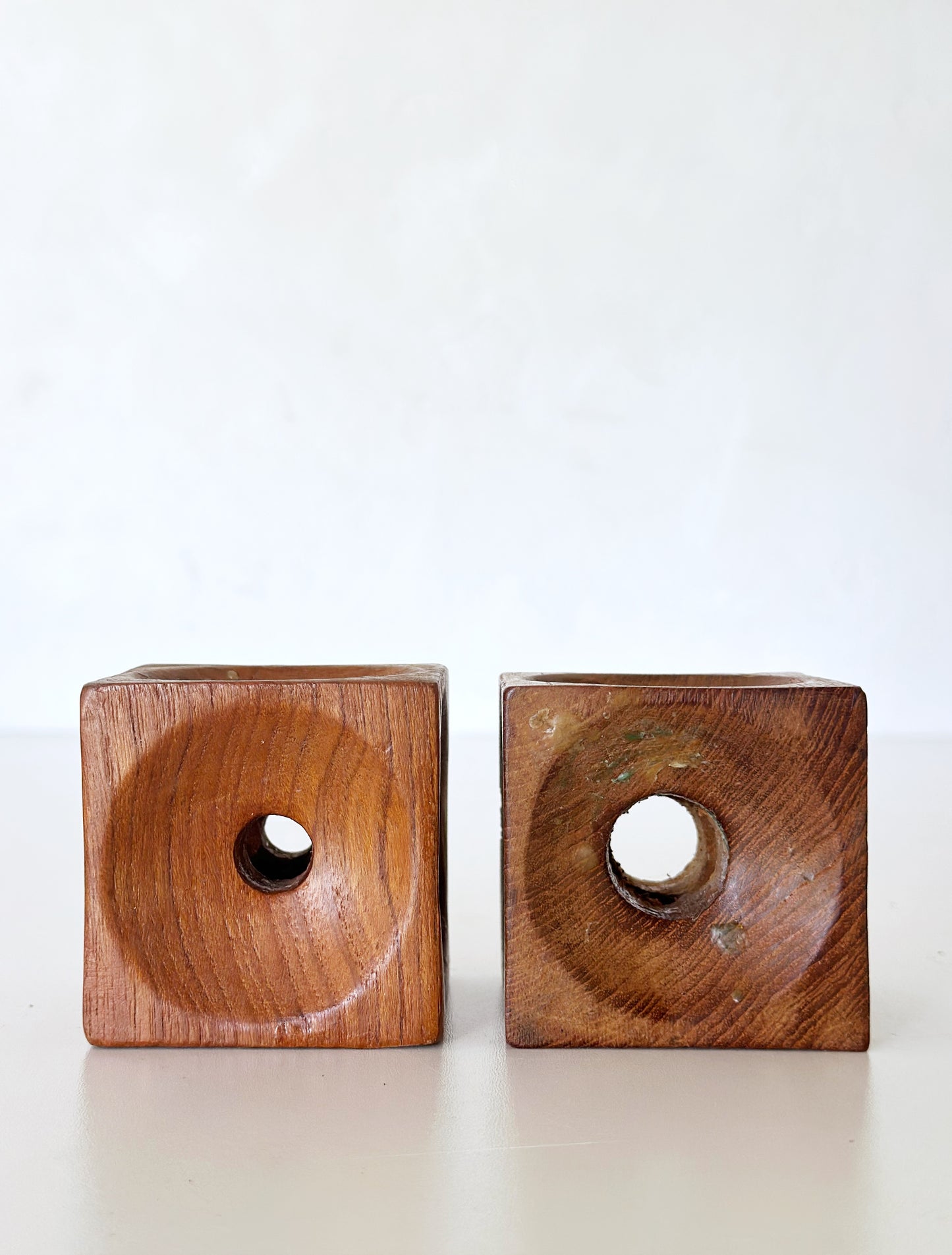 Vintage Wood Cube Candleholder Pair