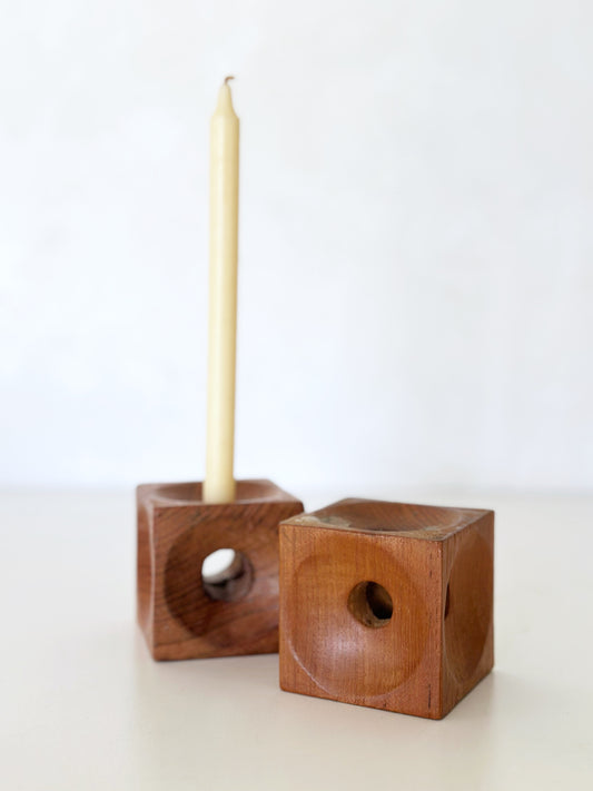 Vintage Wood Cube Candleholder Pair